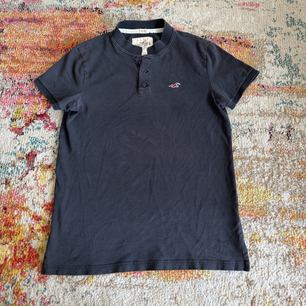 Hollister Mens Small Short Sleeve Stretch Banded Collar Henley Polo Shirt Black